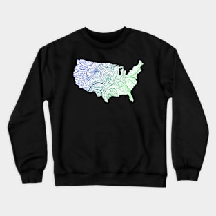 Colorful mandala art map of the United States of America in blue and green on white background Crewneck Sweatshirt